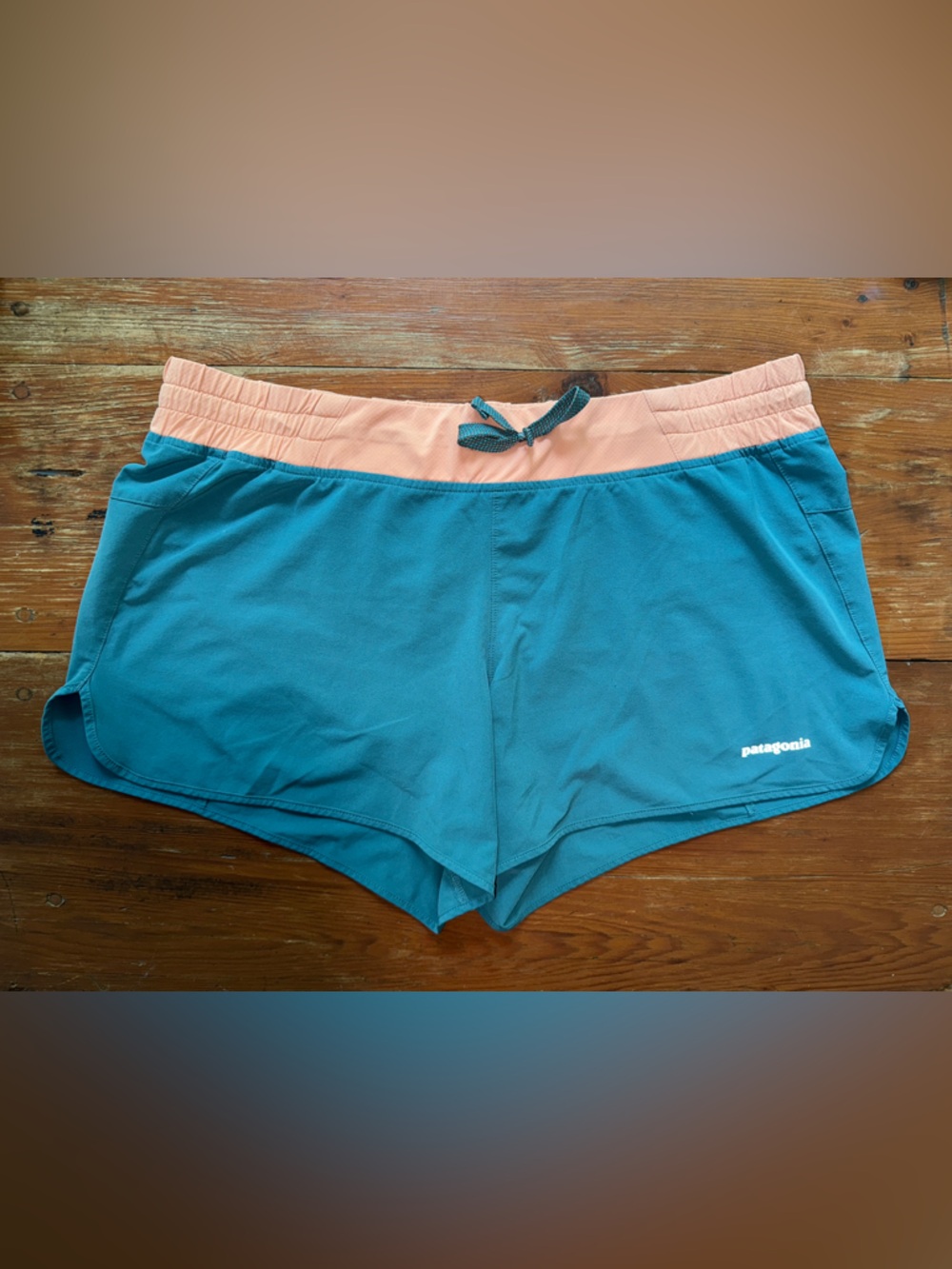 Patagonia Teal Shorts with Peach Waistband - Women's Athletic